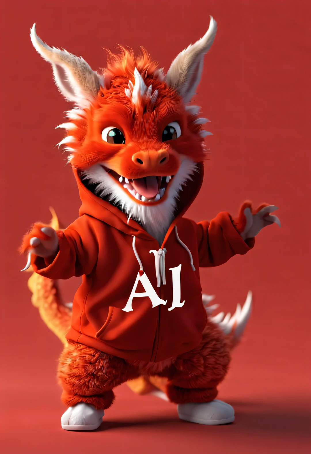 3d rendering, realistic fur, red wallpaper, Simple modern style, beautiful wallpaper, Naughty red and orange zodiac dragon baby dancing mischievously, (frontal portrait), (looking at camera), Beijing, 🦑  design (Wearing an embroidered hoodie), (Lettering printed on hoodie " AI": 1.37)