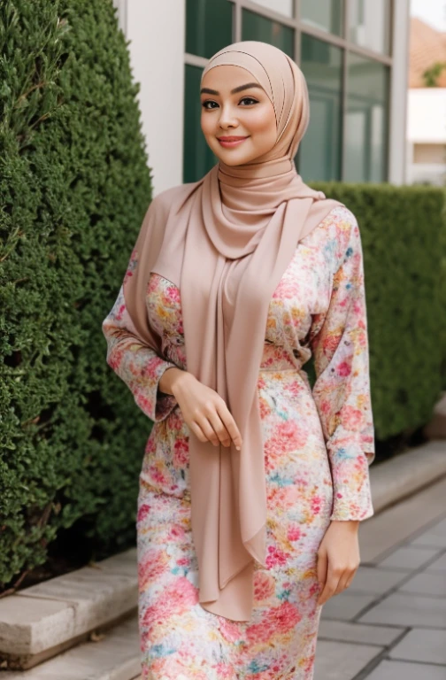 RAW, Best quality, high resolution, masterpiece: 1.3), beautiful Malay woman in hijab,Masterpiece, perfect slim fit body, (Huge breasts), big gorgeous eyes, Soft smile, Delicate turtleneck print sun dress, necklace, shairband, afternoon walk, City garden, Excellent lighting, Bright colors, Clean lines