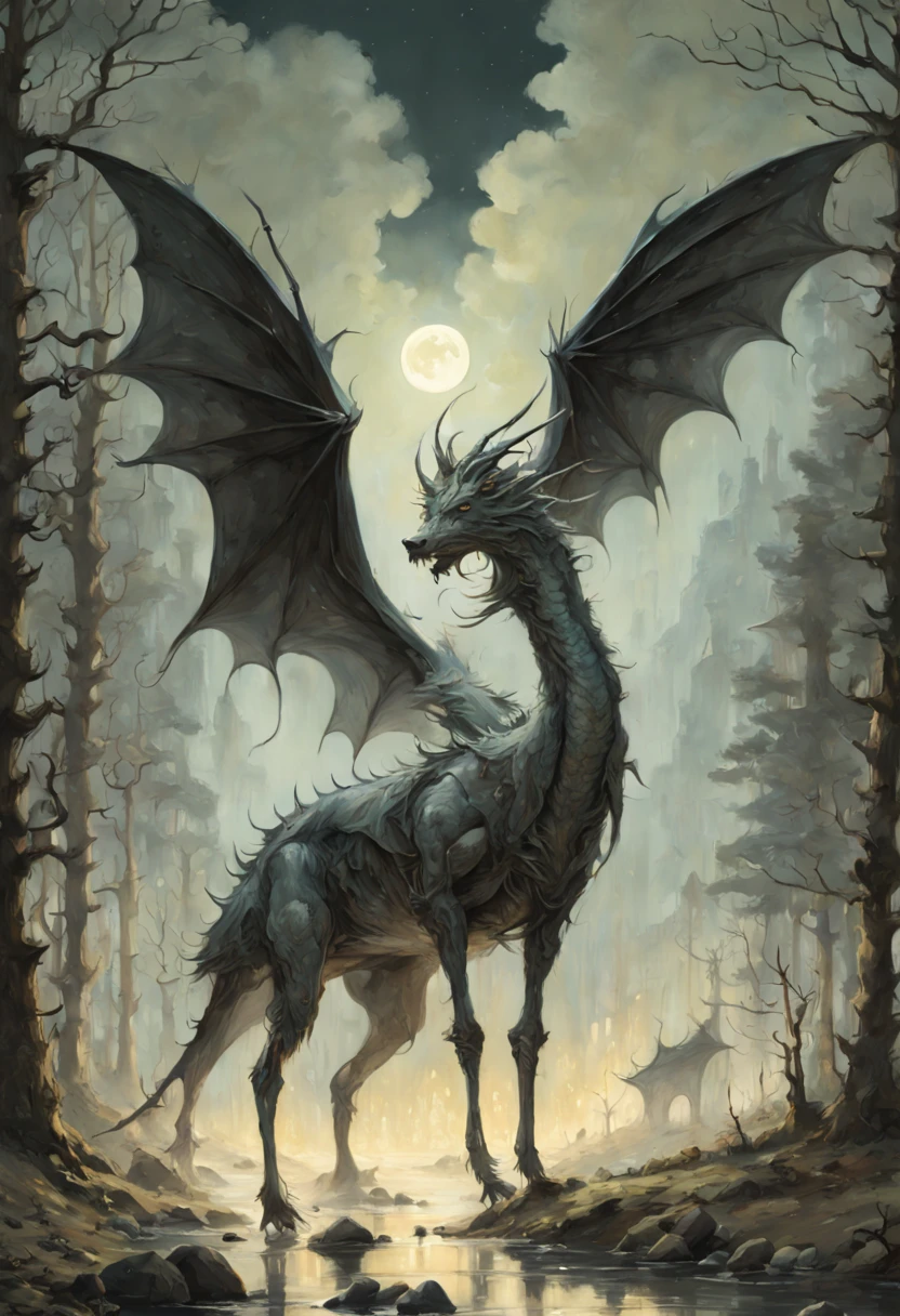 (best quality,4k,8k,highres,masterpiece:1.2),ultra-detailed,(realistic,photorealistic,photo-realistic:1.37),Endless Night,hyperdetailed,double exposure,fantasy,Richard Anderson style,Gris Grimly style,Norman Ackroyd style,dark atmosphere,ethereal,moonlit sky,ominous shadows,haunting silhouette,enchanted forest,mythical creatures,gothic architecture,mysterious fog,stars shining,glowing moon,wispy clouds,magical aura,eerie color palette,contrasting lights and darks,moonlight reflecting on water,surreal landscape,dreamlike ambiance