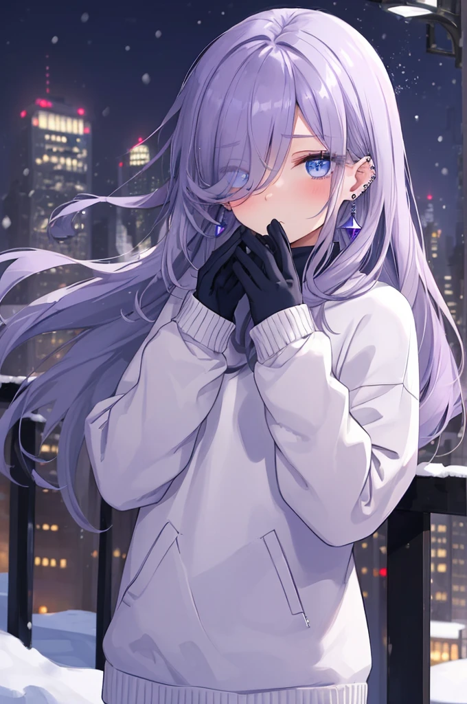 ((masterpiece:1.4, best quality:1.2)), 1girl, solo focus, beautiful skin, blush, grey sweatshirt, long Violet hair, blue eyes, earrings, Hands piercing, night, snowing, cityscape, tall female, beautiful and delicate female, comfy ambience, {detailed background}, hair over one eye, shy, sexy
