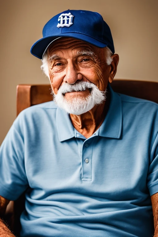 an old man sitting in a chair with a baseball cap , ele tem cerca de 8 0 anos, sem barba , blusa branca , olhando para camera, sem bigode