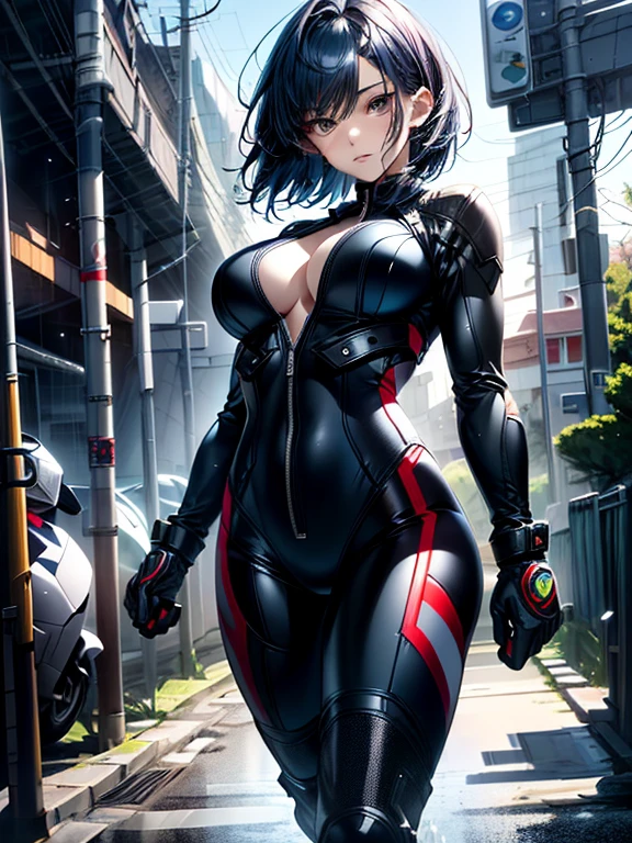 With high image quality、Please draw a age woman with a realistic atmosphere.。Her hair is two block short cut、has dark blue hair color、(characterized by small breasts。)She wears a leather rider suit and high-cut boots