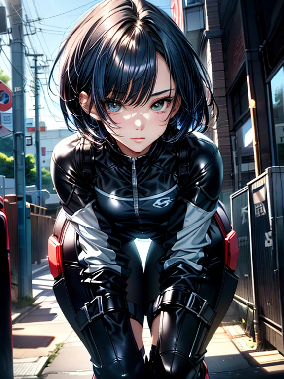 masterpiece, highest quality, Super detailed, 8K, photo-realistic, woman in her 30s, alone, Tomboy, Super detailed face, rim lighting, whole body, dark blue pixie cut hair, ((small breasts:1.5)), black leather rider suit,black leather rider boots