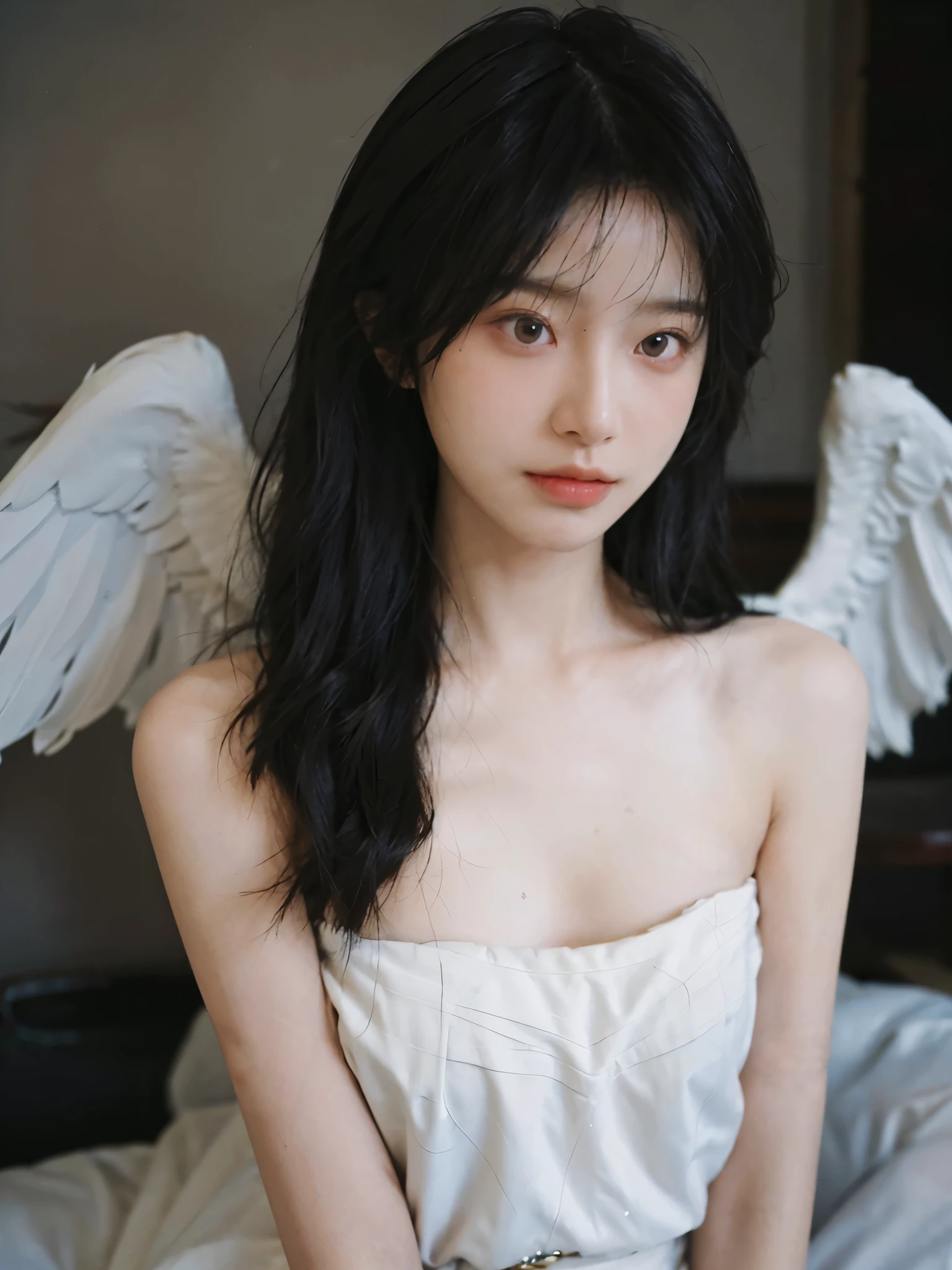 Film portrait photography, 2 girls, bare shoulders, Shoulder length wavy hair,White wings,Acting cute, serene, calm, (Realistic and detailed eyes, natural skin texture, Realistic facial details), Soft dramatic lighting, depth of field, Bokeh, Vibrant details, Detailed and detailed, surreal, 35mm film, hazy, ,