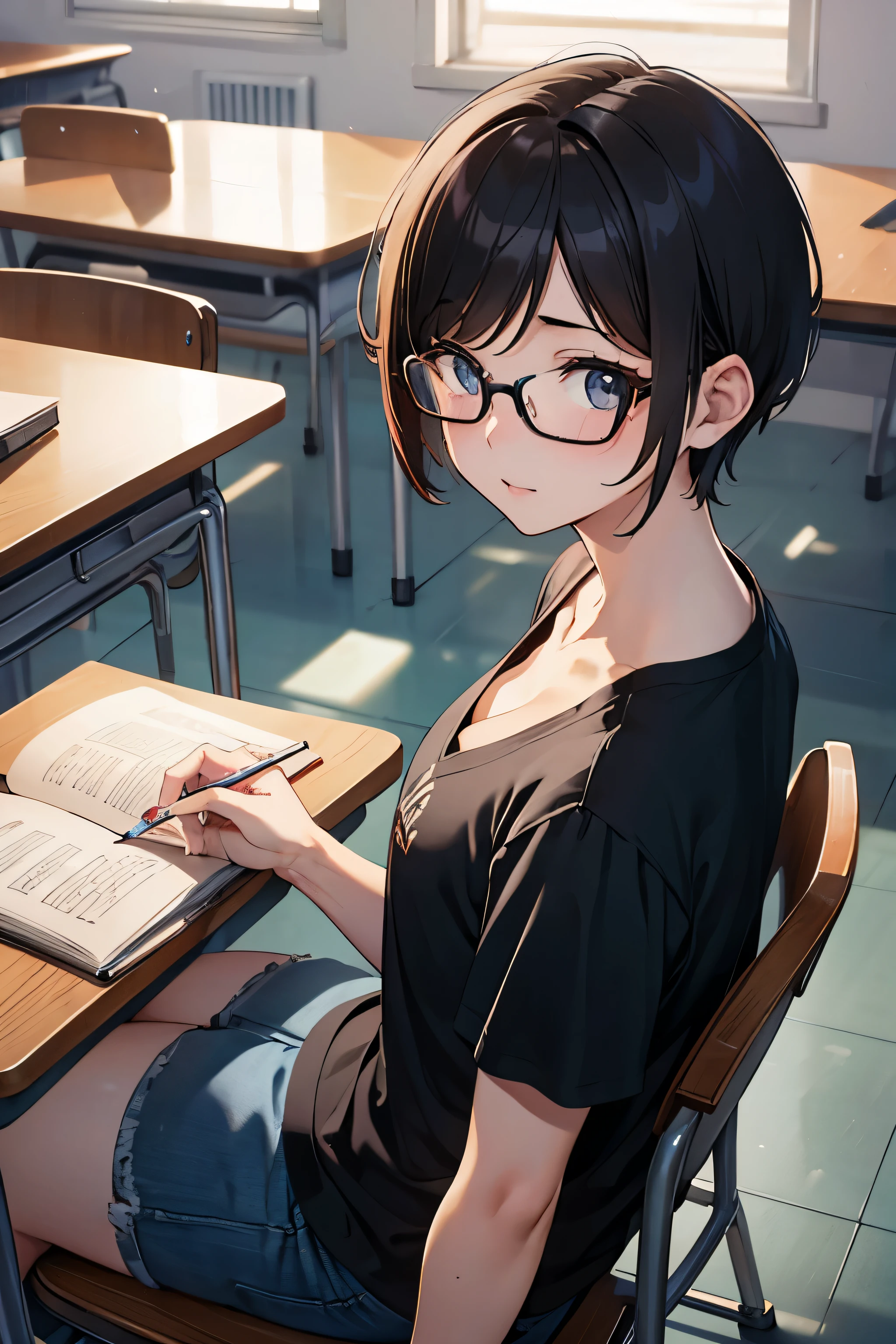 University、campus、Beauty、Upper body、sit down、During class。short hair、meaty、Glamour、V-neck shirt、I can see your chest、Glasses、notebook、I'm embarrassed