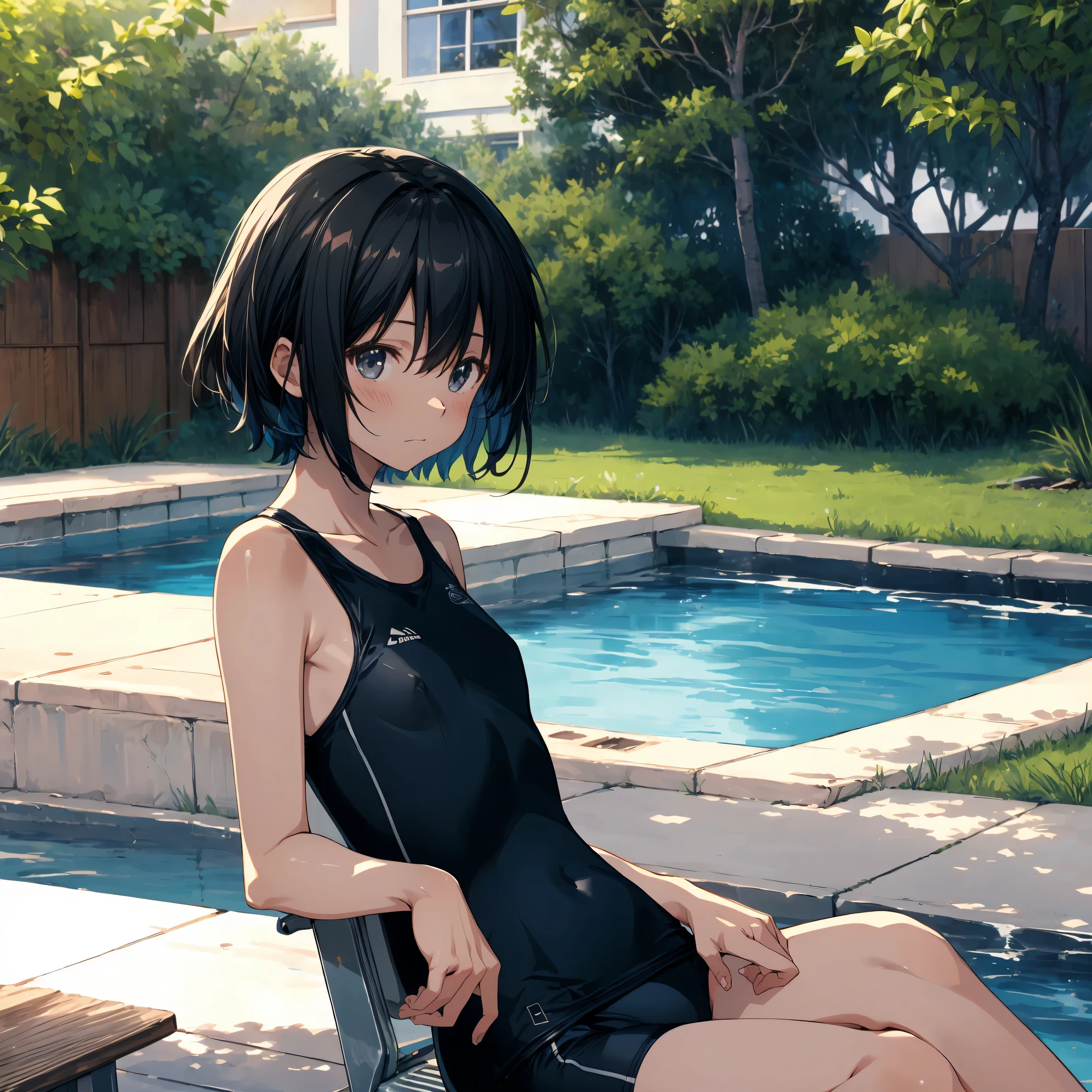 Super high quality by the art god, super detailed, High resolution, Shinkai Makoto style, anime moe art style, best anime 8K konachan wallpaper, pixiv contest winner, perfect anatomy, break,(スクール水着を着た女の子がプールサイドのベンチにalone眠そうに座っている絵を描いてください.),break, surreal girl, (alone,ta, , 13 y),All limbs, full finger,, androgynous charm, (very short hair), Wet hair, small soft breasts,slender body, small ass, between legs, Small black eyes,hanme,beautiful and fine eyes, Well-proportioned iris and pupils, sleepy eyes, High resolutionの詳細な髪, School swimsuit wear,Wet, in School pool. break,super dense skin, shiny skin, Best lighting by famous artists, 8K, figure,surrealism, UHD, rough skin