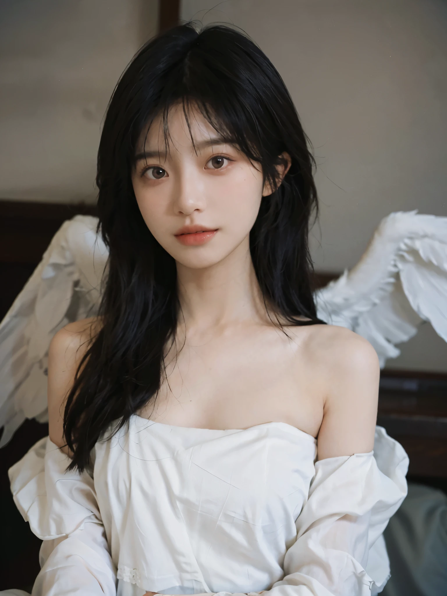 Film portrait photography, 2 girls, bare shoulders, Shoulder length wavy hair，White wings，Acting cute, serene, calm, (Realistic and detailed eyes, natural skin texture, Realistic facial details), Soft dramatic lighting, depth of field, Bokeh, Vibrant details, Detailed and detailed, surreal, 35mm film, hazy, ,