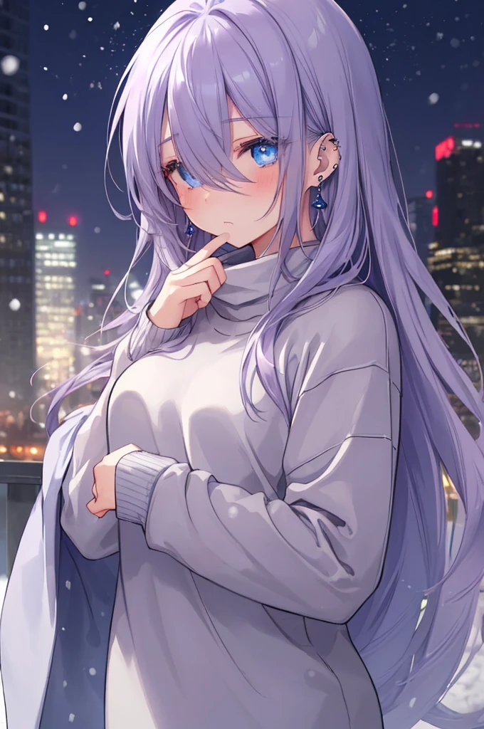 ((masterpiece:1.4, best quality:1.2)), 1girl, solo focus, beautiful skin, blush, grey sweatshirt, long Violet hair, blue eyes, earrings, Hands piercing, night, snowing, cityscape, tall female, beautiful and delicate female, comfy ambience, {detailed background}, hair over one eye, shy, sexy naked