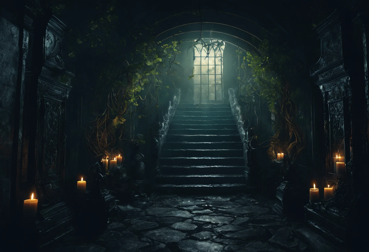 (best quality,4k,8k,highres,masterpiece:1.2),ultra-detailed,(realistic,photorealistic,photo-realistic:1.37),dark and mysterious,haunting atmosphere,ancient architecture,ominous lighting,gloomy shadows,creepy ambiance,flickering candles,decaying walls,cobwebs,heavy chains,rustic iron gates,echoing footsteps,dusty air,dripping water,cracked tombstones,mythical creatures lurking in the shadows,dimly lit corridors,secret passageways,lost souls wandering,creeping vines,ethereal mist,echoes of distant whispers,sense of foreboding,spiral staircase leading downwards,enclosed space,unearthly silence,gothic details,unsettling vibes,dark magic,occult symbols.