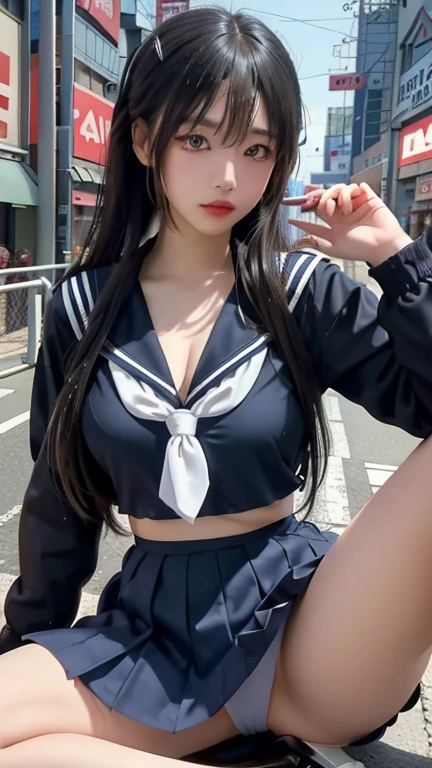 play sports often, (navy blue sailor uniform:1.2), (cleavage:1.0)、No panties, (Cyberpunk settings: 1.2), compensate,, (1 girl: 1.4), highest quality, masterpiece, (reality: 1.2), young woman, lady, detailed face, fine eyes, fine hair, fine skin, looking at the viewer, dramatic, vibrant, sharp focus, 50mm, f1.2, EOS R8, (3/4 body: 1.2), (With Akihabara in the background: 1.6), (highest qualityの詳細: 1.2), 8K HD,(spread legs:1.2),