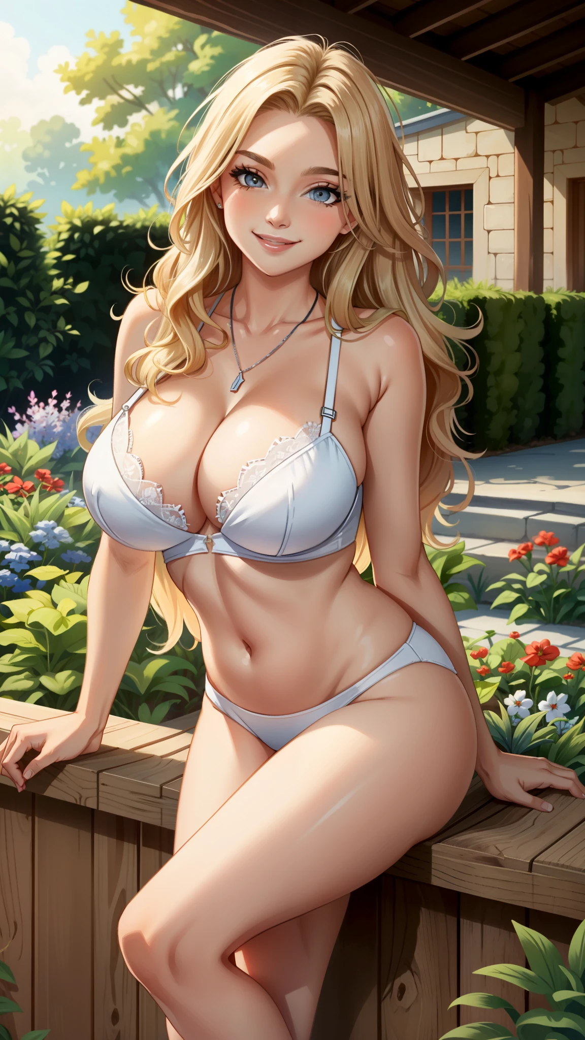 masterpiece, best quality, woman, solo, long blonde hair, detailed grey eyes, (curvy:0.9), huge breasts, cleavage, white bra, white panties, sexy and revealing, smile, half body, sfw, necklace, bare arms, bare legs, garden, natural light, sunny day