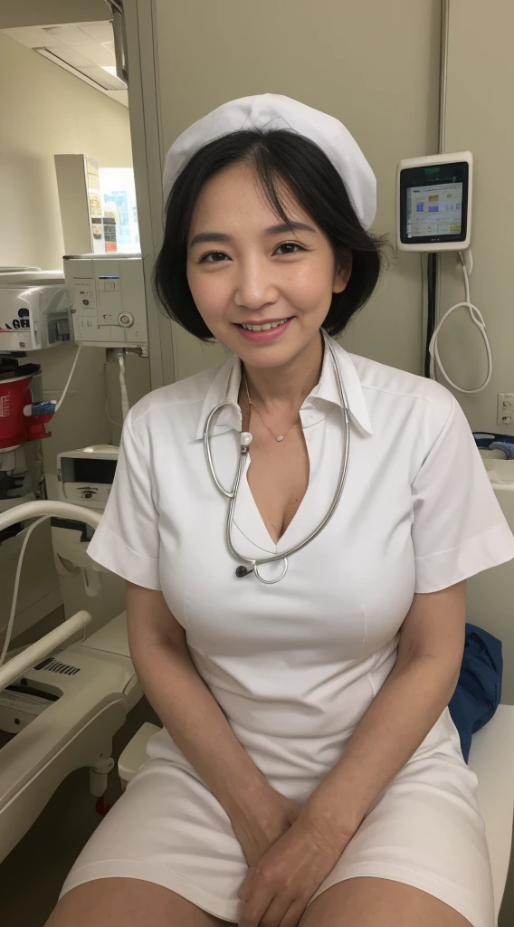 masterpiece, best quality, 16K, hospital, operating room, old woman, interior photo, glad, smiling, standing, front view, long hair, ponytail, black hair, eyes open, (large breasts:1.32), (wrinkles corners eyes:1.38), (nasolabial:1.38), (old skin:1.38), freckled skin, wrinkles skin, pale skin, (old muscles:1.2), plump, {(nurse), (breast pocket), (collared dress), (short dress:1.38), (short sleeves), (thighs), (white dress), (white headwear), (stethoscope)}, beauty mark, 50-year-old, old, elderly, japanese, inside, in the hospital, with a operating table, in the afternoon, real person, ultra realistic photo, nsfw, full body shot, from front, front view
