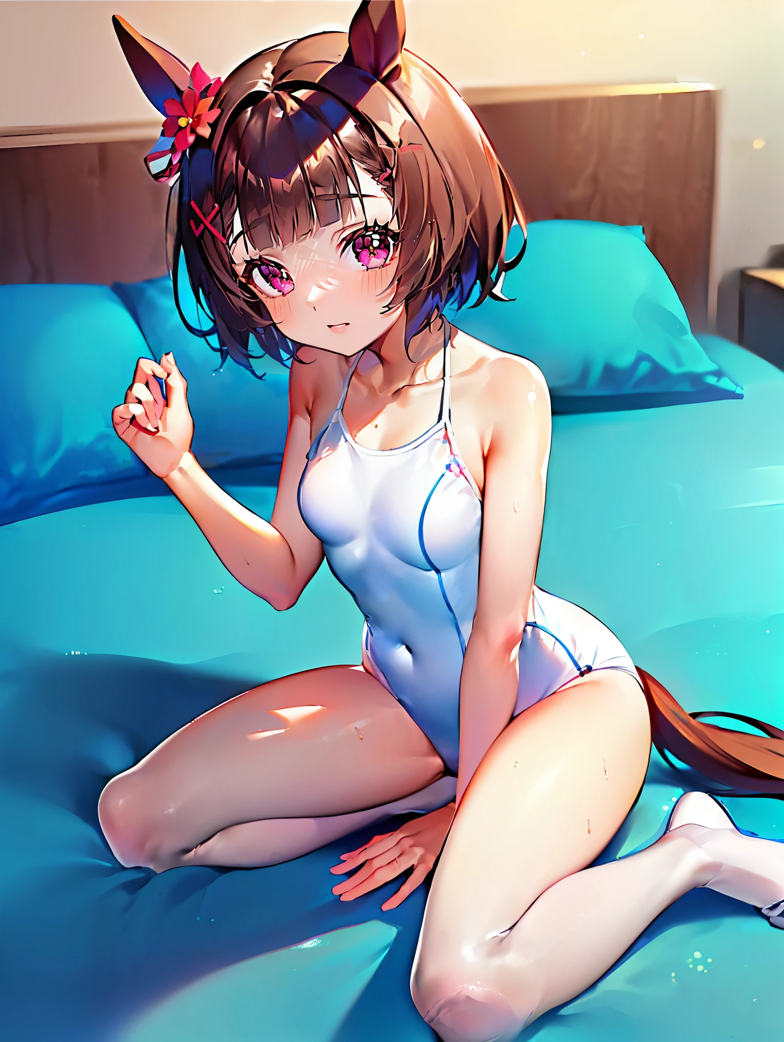 (beautiful, best quality, high quality, masterpiece,ultra detailed,32k,shiny hair,shiny skin:1.3),nsfw,full body,1girl,(Nishino Flower\(umamusume\):1.4),(swimsuit, one-piece white swimsuit:1.5),flat chests,camel toe, indoors,lying bed,from above, 