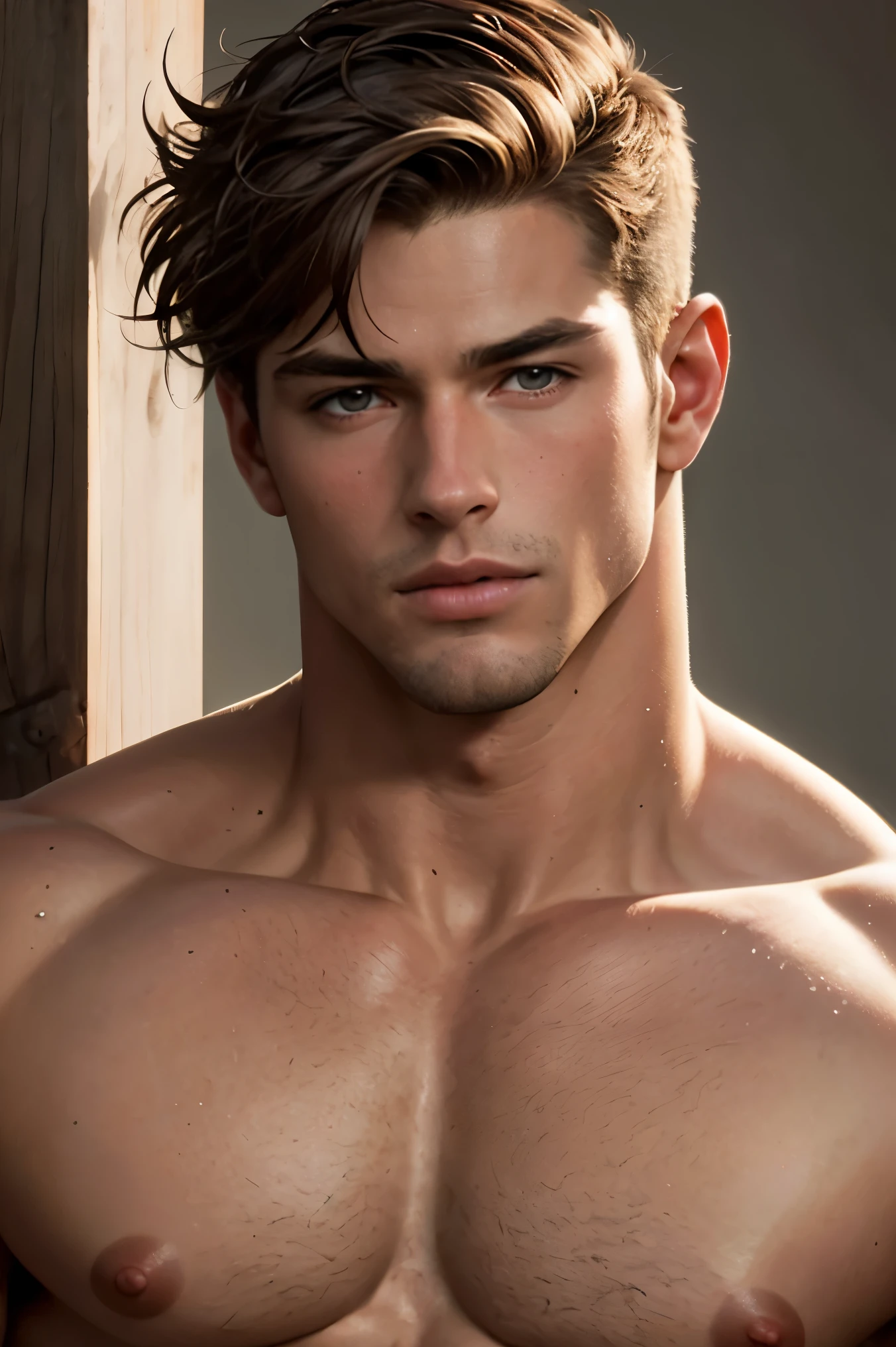 best quality, (photorealistic:1.2), solo, detailed face, face focus, A handsome attractive male model, muscular, ripped, defined body, handsome young man (nsfw), masterpiece, best quality, high resolution, closeup portrait, male focus, solo focus, amazing composition, front view, HDR, ultra quality, elegant, highly detailed