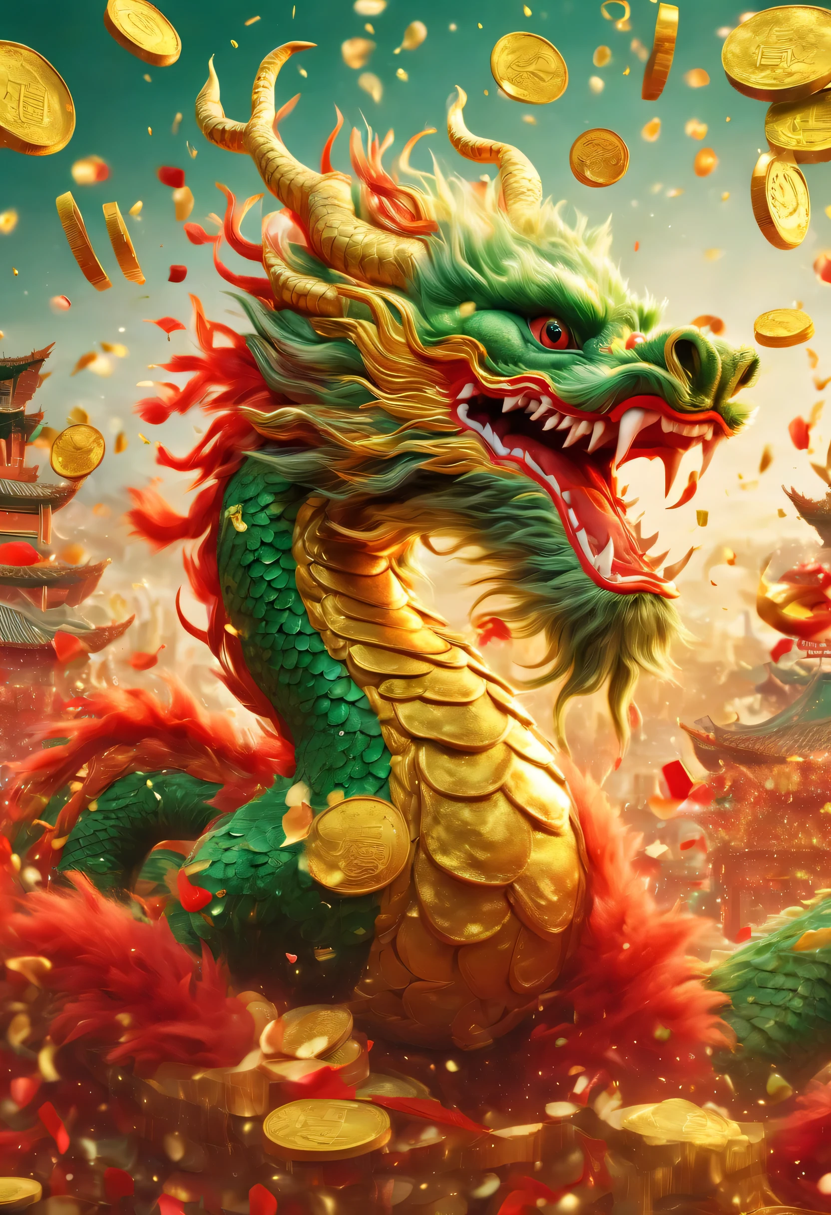 Chinese Lunar New Year has arrived,Oriental dragon close-up,big furry head,hairy body,paw。green,color。There are many gold coins in the air,Red and gold confetti flying in the sky,Gold coin rain,A strong festive atmosphere,It was very lively。symmetry,dreamy background blur