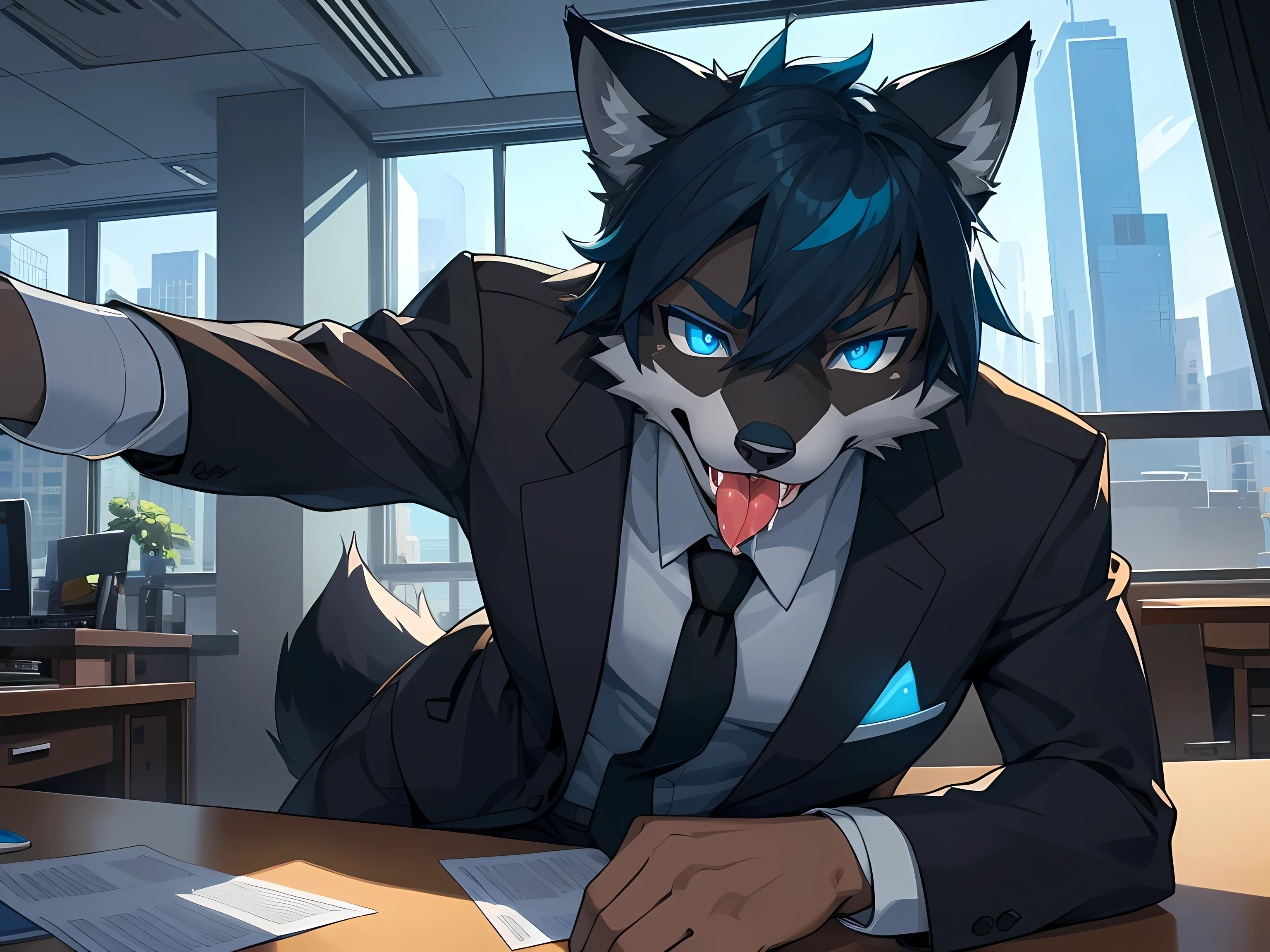 Furry, solo, black fox, male, neon blue eyes (eye details 1.2), handsome face, wearing an office suit, realistic anatomy, working in a private office on a tall building, sitting by the window, looking outside, tongue slightly sticking out at 1.2 intensity (suggestive expression 1.2), visible saliva on the tongue area at 1.2 intensity, selfie at 1.2 intensity, maximum image details, HDR, 8K resolution.