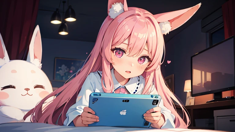 beautiful illustrations, highest quality, pretty girl, pastel colour, fluffy rabbit ears, , pink long hair, rabbit stuffed, bright lighting, pale pink eyes,Clutching a controller while playing a TV game,exactly 5 fingers,In the mood of a gamer girl,Closing one eye