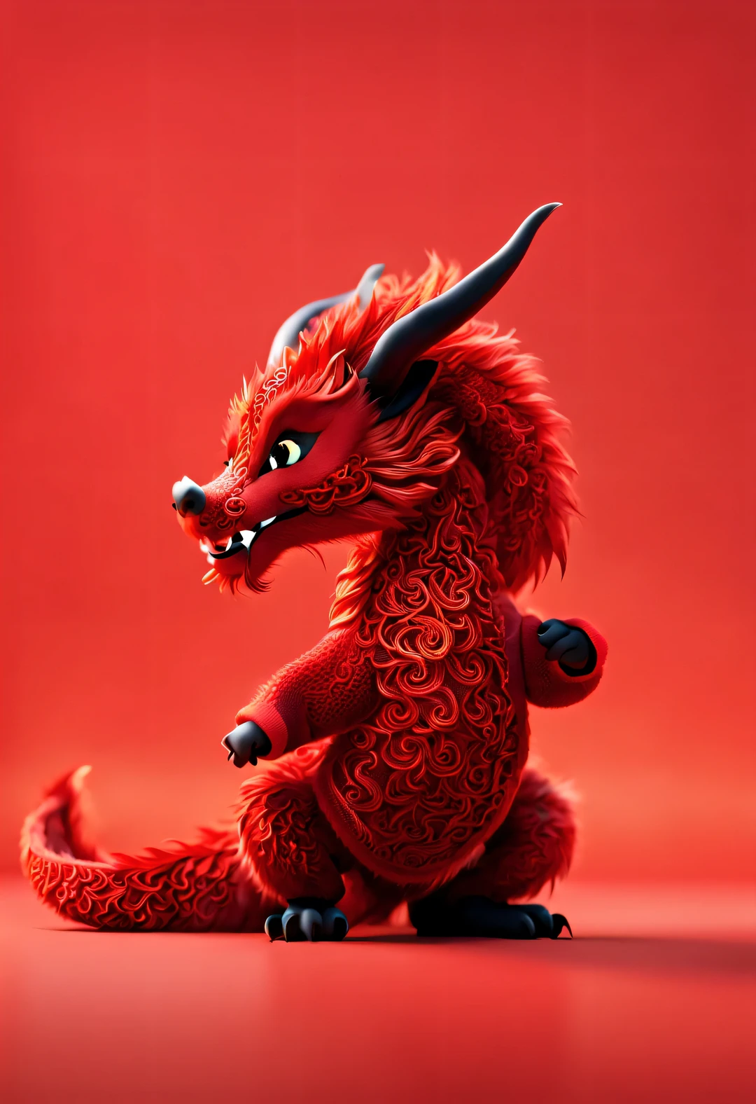 3d rendering, realistic fur, Red expansion style wallpaper, Simple modern style, beautiful wallpaper, embroidery, yarn,
A very slender and naughty red-orange zodiac dragon baby dances mischievously, (frontal portrait), (looking at camera), (穿着embroidery连帽衫), (monogrammed hoodie "AI": 1.37)), red background, Beijing, China, 🦑 design,