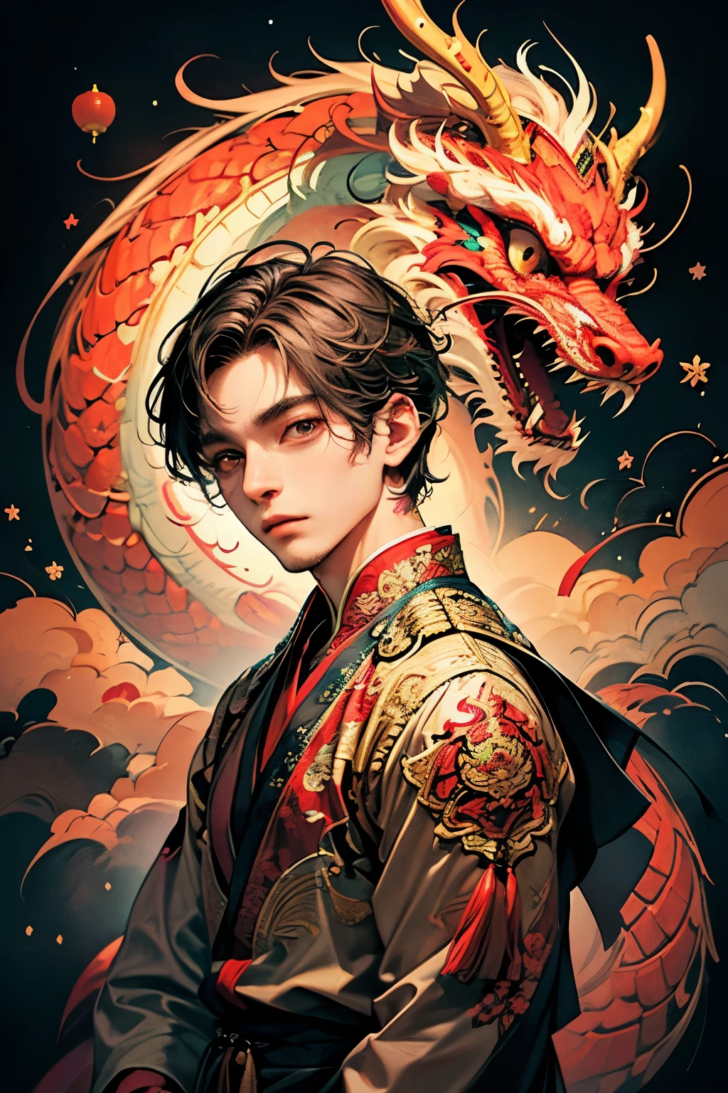 chinese new year, realistic, (masterpiece, top quality, best quality, official art, beautiful and aesthetic:1.2), extremely detailed, fractal art, colorful, highest detailed, zentangle, (abstract background:1.6), (1 boy:1.8), silver hair, bright eyes, hair slicked back, short hair, black robe, golden Chinese dragon, wechatredenvelope,