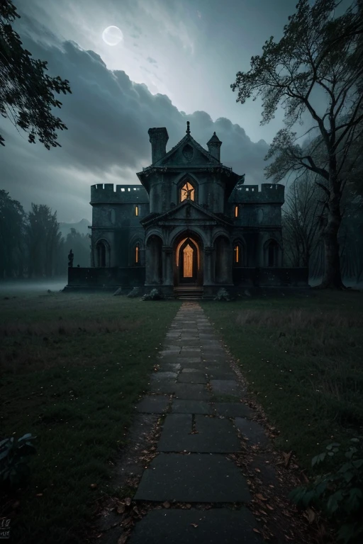 (best quality,4k,8k,highres,masterpiece:1.2),ultra-detailed,(realistic,photorealistic,photo-realistic:1.37),Eerie Places,dark and mysterious,dense fog,surreal atmosphere,moonlit sky,abandoned castle,hauntingly beautiful,crumbling statues,overgrown vegetation,glimmering mist,ominous shadows,misty graveyard,winding path leading to the unknown,ethereal light piercing through the darkness,twisted trees,whispering winds,almost tangible tension,dilapidated buildings,silhouettes in the distance,ancient ruins shrouded in mystery,gothic architecture,enchanted forest,disorienting maze,forbidden secrets,haunted presence,key to the unknown,unearthly quietness,otherworldly dimensions,lost souls,haunting whispers,ephemeral beauty,unsettling stillness,hidden passages,cryptic symbols,elusive phantoms,enchanted moonlight,forlorn spirits,morbid fascination,echoes of the past,illuminated by a single candle,spine-chilling ambiance