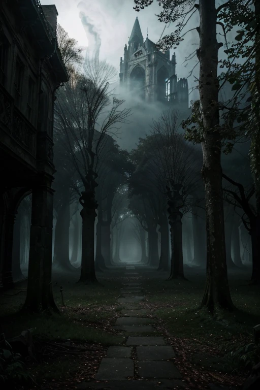 (best quality,4k,8k,highres,masterpiece:1.2),ultra-detailed,(realistic,photorealistic,photo-realistic:1.37),Eerie Places,dark and mysterious,dense fog,surreal atmosphere,moonlit sky,abandoned castle,hauntingly beautiful,crumbling statues,overgrown vegetation,glimmering mist,ominous shadows,misty graveyard,winding path leading to the unknown,ethereal light piercing through the darkness,twisted trees,whispering winds,almost tangible tension,dilapidated buildings,silhouettes in the distance,ancient ruins shrouded in mystery,gothic architecture,enchanted forest,disorienting maze,forbidden secrets,haunted presence,key to the unknown,unearthly quietness,otherworldly dimensions,lost souls,haunting whispers,ephemeral beauty,unsettling stillness,hidden passages,cryptic symbols,elusive phantoms,enchanted moonlight,forlorn spirits,morbid fascination,echoes of the past,illuminated by a single candle,spine-chilling ambiance