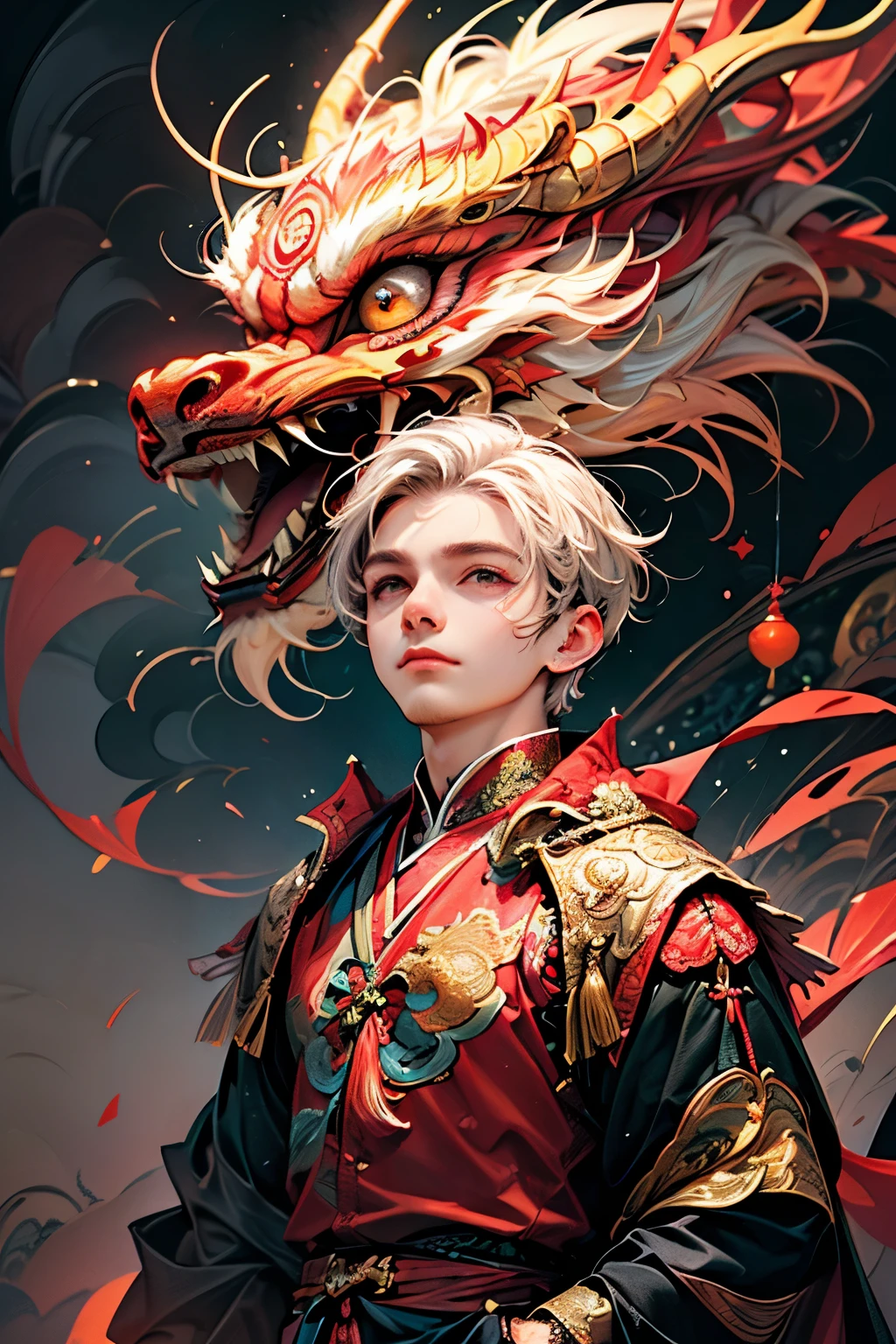 chinese new year, realistic, (masterpiece, top quality, best quality, official art, beautiful and aesthetic:1.2), extremely detailed, fractal art, colorful, highest detailed, zentangle, (abstract background:1.6), (1 boy:1.8), silver hair, bright eyes, hair slicked back, short hair, black robe, golden Chinese dragon, wechatredenvelope,