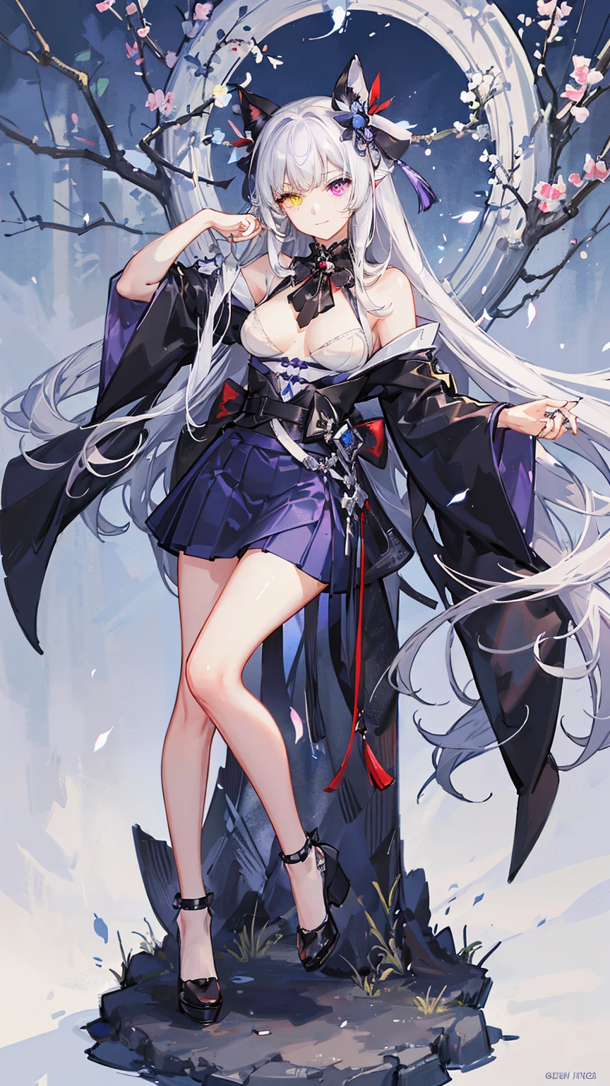 1girl,(with 1black dog and 1white dog),silent smile,nail polish,beautiful illustration ,(heterochromia,purple eye,yellow eye),(big breasts),beautiful face,deep blue long hair, shrine maiden outfit,red skirt,mysterious mood,in the night,moolight,best quality, high quality, masterpiece, HD,4K,8K