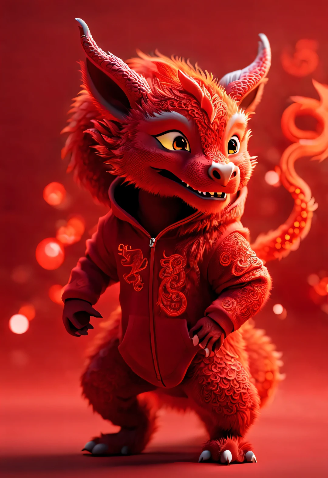 3d rendering, realistic fur, red wallpaper, Simple modern style, beautiful wallpaper, Naughty red and orange zodiac dragon baby dancing mischievously (frontal portrait), (Tilting her head and looking at the camera cutely), Beijing, 🦑 design, (wearing a hoodie), (letter embroidered hoodie "AI": 1.37),