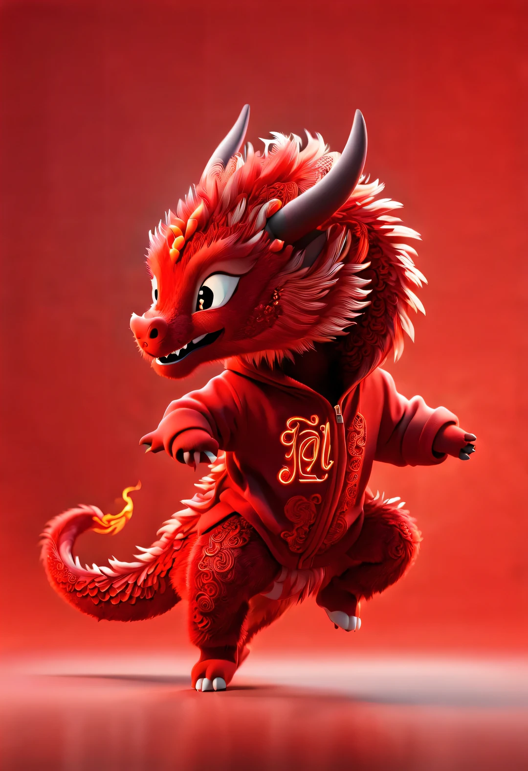 3d rendering, realistic fur, red wallpaper, Simple modern style, beautiful wallpaper, Naughty red and orange zodiac dragon baby dancing mischievously (frontal portrait), (Tilting her head and looking at the camera cutely), Beijing, 🦑 design, (wearing a hoodie), (letter embroidered hoodie "AI": 1.37),