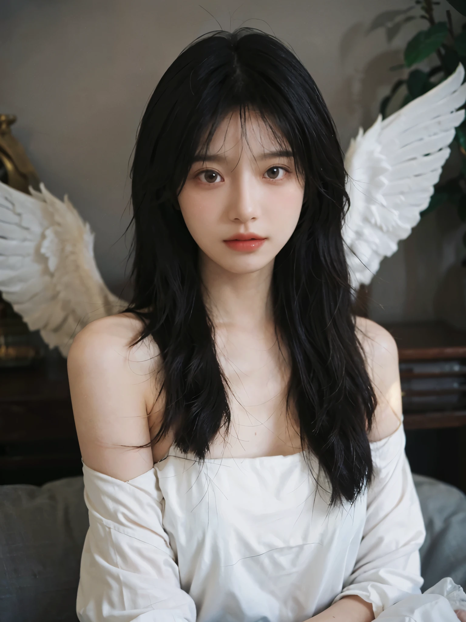 Film portrait photography, 2 girls, bare shoulders, Shoulder length wavy hair,big white wings,Acting cute, serene, calm, (Realistic and detailed eyes, natural skin texture, Realistic facial details), Soft dramatic lighting, depth of field, Bokeh, Vibrant details, Detailed and detailed, surreal, 35mm film, hazy, ,