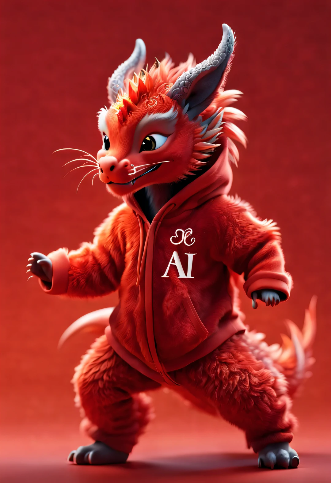 3d rendering, realistic fur, red wallpaper, Simple modern style, beautiful wallpaper,
A very slender and playful red-orange zodiac dragon baby dances playfully, (frontal portrait), (looking at camera), (Wearing an embroidered hoodie), (monogrammed hoodie "AI": 1.37), Beijing, China, 🦑 design,