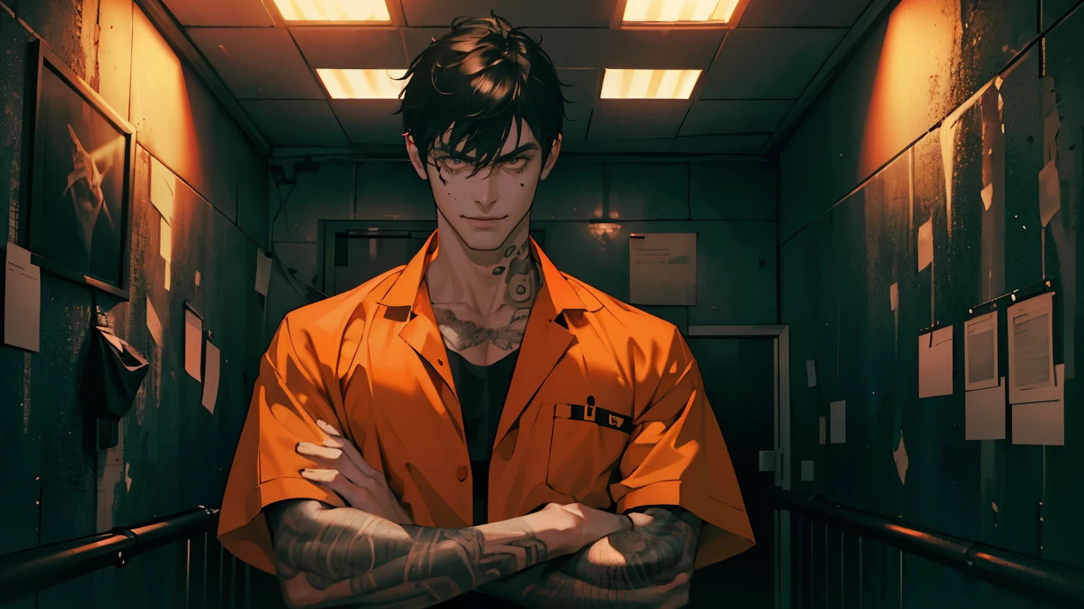 1 boy,Tall and strong., perfect male body,look at the camera, (Black hair,Orange prison uniform, prisoner, Hold your arms, evil smile,tattoo), prison cell, Dim light,dark room,portrait,dramatic shadow,Ray tracing, Best quality, Cinematic lighting, Extremely detailed CG, 8K wallpaper,Complicated