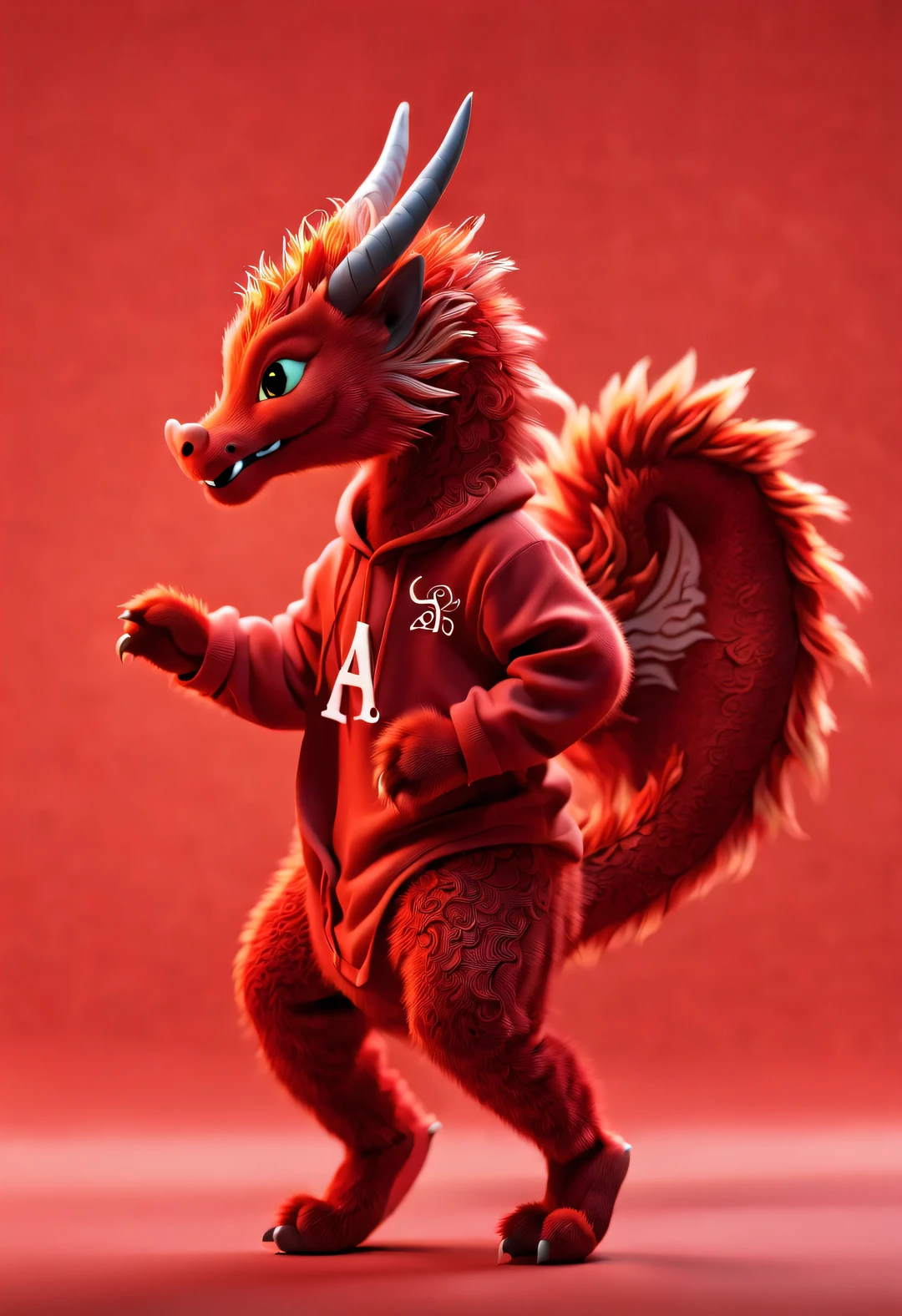3d rendering, realistic fur, red wallpaper, Simple modern style, beautiful wallpaper,
A very slender and playful red-orange zodiac dragon baby dances playfully, (frontal portrait), (looking at camera), (Wearing an embroidered hoodie), (monogrammed hoodie "AI": 1.37), Beijing, China, 🦑 design,