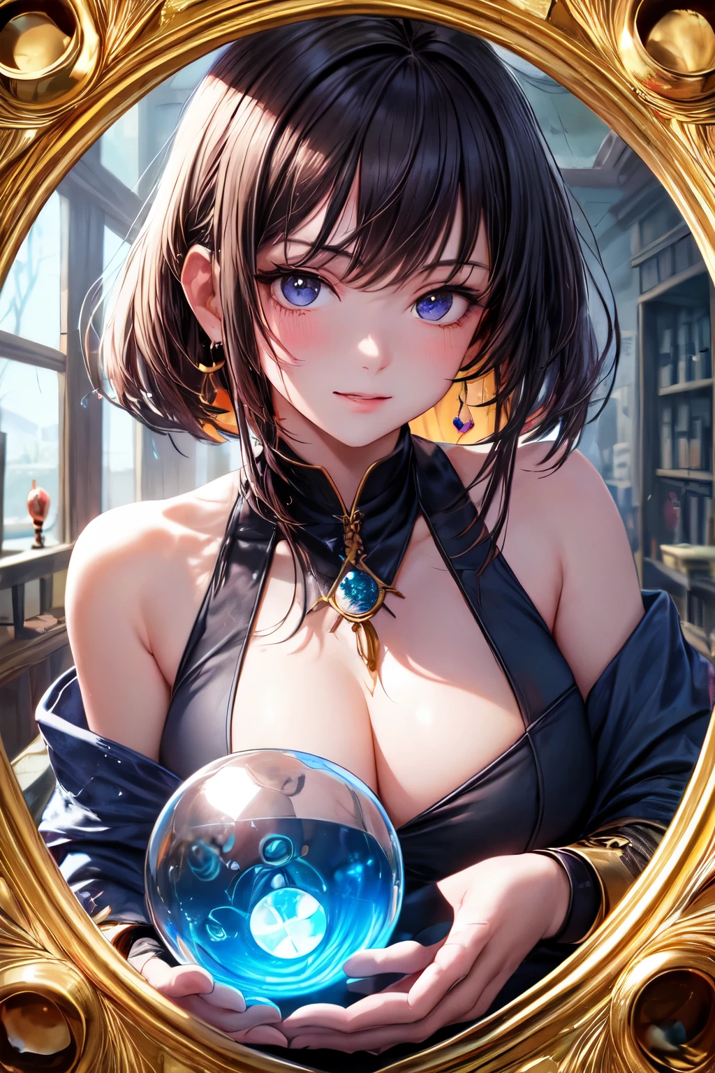 ((best quality)), ((masterpiece)), (detailed), perfect face, bloody, clock, good, magic crystal ball, hearts, woman, Create a portrait image for a character named Fortune Teller who is good in a game called Blood on the Clock. The Fortune Teller is a townsfolk character. The character is staring into their crystal ball.
