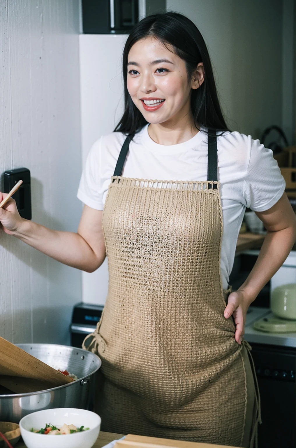 highest quality、8K resolution、master masterpiece、portrait,Photoreal, 35mm film, 1 woman, beautiful woman, 27 years old, medium long hair, plump body, ((knit shirt、apron)) , (kitchen cooking: 1.3), jumbled background, dark background, laughter