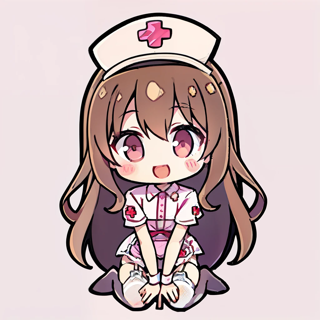 muste piece、super detailed、High quality、masterpiece、highest quality, 1 girl, light brown hair:1.5、wavy long hair、brown eyes、alone、kneel、sexy nurse uniform、garter belt、garter stockings、cross mark nurse cap、bewitching smile、{{pink background、 background:1.8}}、Full body Esbian、icon、