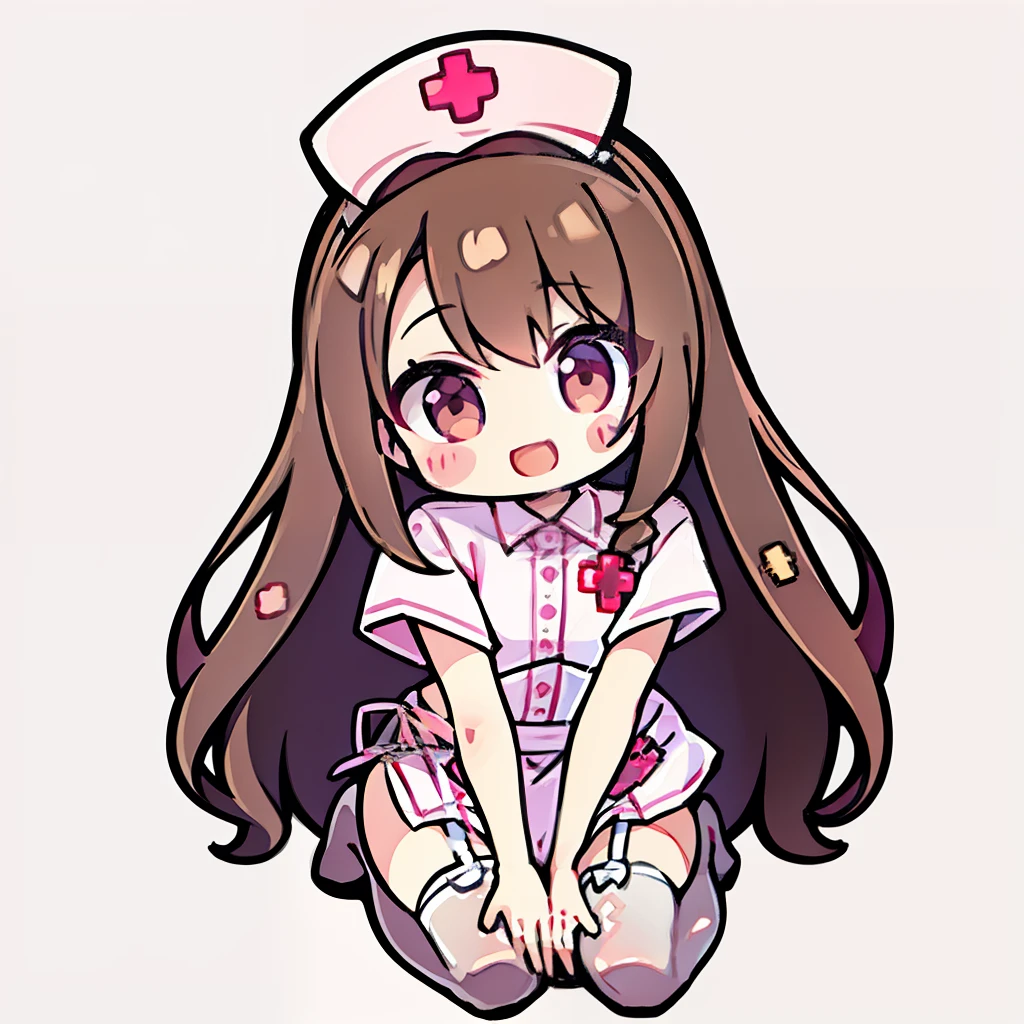 muste piece、super detailed、High quality、masterpiece、highest quality, 1 girl, light brown hair:1.5、wavy long hair、brown eyes、alone、kneel、sexy nurse uniform、garter belt、garter stockings、cross mark nurse cap、bewitching smile、{{pink background、 background:1.8}}、Full body Esbian、icon、