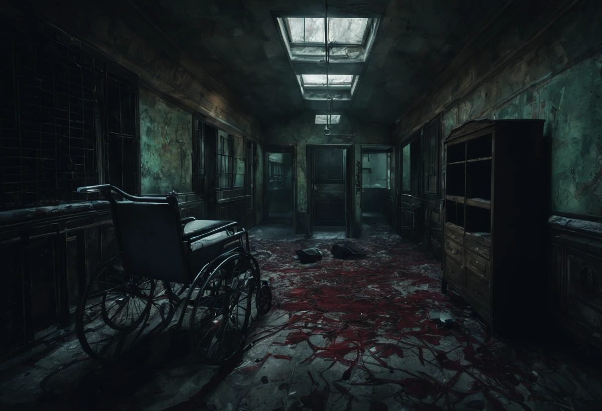 a creepy abandoned psychiatric hospital,(best quality,4k,8k,highres,masterpiece:1.2),ultra-detailed,(realistic,photorealistic,photo-realistic:1.37),eerie atmosphere,dimly lit corridors,sinister shadows,decaying walls,rusty metal doors,dusty furniture,disturbing graffiti,broken windows,echoing footsteps,haunting silence,distorted reflections,medical equipment covered in cobwebs,mysterious sounds from empty rooms,glass shards on the floor,blood stains on the walls,overgrown ivy creeping in through cracks,spooky vibes,old patient records strewn around,abandoned wheelchairs and beds,signs of forgotten lives,unearthly stillness,dark history lurking around every corner