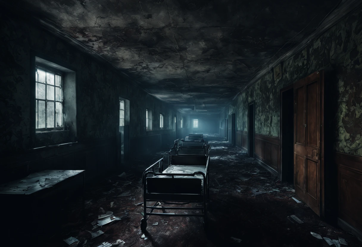 a creepy abandoned psychiatric hospital,(best quality,4k,8k,highres,masterpiece:1.2),ultra-detailed,(realistic,photorealistic,photo-realistic:1.37),eerie atmosphere,dimly lit corridors,sinister shadows,decaying walls,rusty metal doors,dusty furniture,disturbing graffiti,broken windows,echoing footsteps,haunting silence,distorted reflections,medical equipment covered in cobwebs,mysterious sounds from empty rooms,glass shards on the floor,blood stains on the walls,overgrown ivy creeping in through cracks,spooky vibes,old patient records strewn around,abandoned wheelchairs and beds,signs of forgotten lives,unearthly stillness,dark history lurking around every corner
