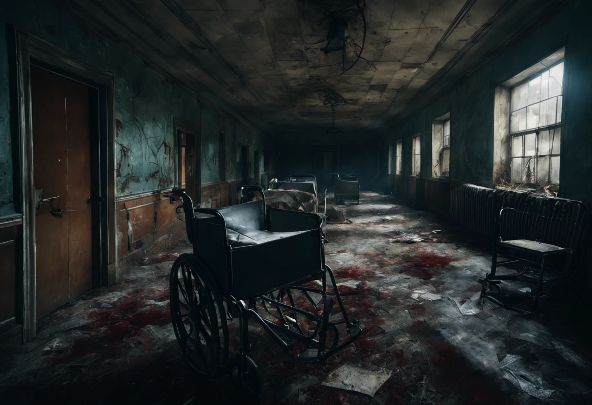 a creepy abandoned psychiatric hospital,(best quality,4k,8k,highres,masterpiece:1.2),ultra-detailed,(realistic,photorealistic,photo-realistic:1.37),eerie atmosphere,dimly lit corridors,sinister shadows,decaying walls,rusty metal doors,dusty furniture,disturbing graffiti,broken windows,echoing footsteps,haunting silence,distorted reflections,medical equipment covered in cobwebs,mysterious sounds from empty rooms,glass shards on the floor,blood stains on the walls,overgrown ivy creeping in through cracks,spooky vibes,old patient records strewn around,abandoned wheelchairs and beds,signs of forgotten lives,unearthly stillness,dark history lurking around every corner
