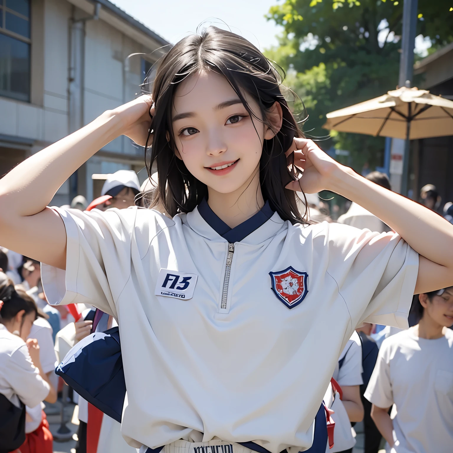 highest quality、Japanese、dark pubic hair、track and field uniform、naked、sweaty、Covered in semen、heavy breathing、widen the vaginal opening、smile