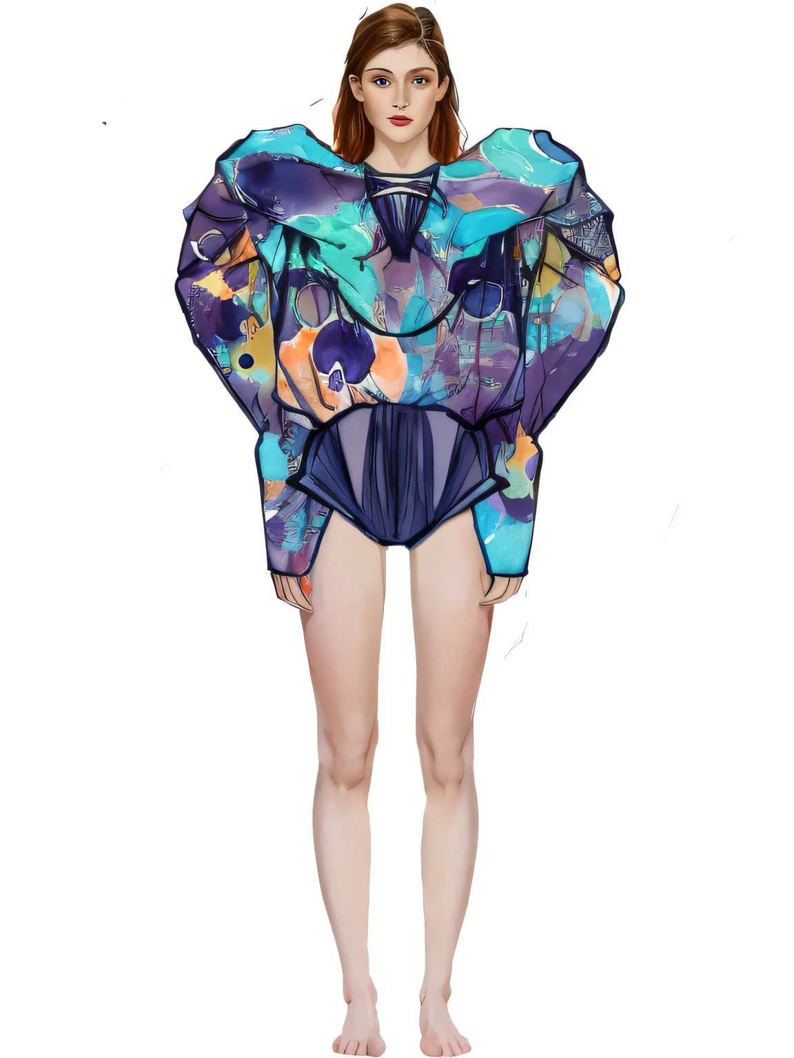 Clothing watercolor art illustration,glossy blank,Correct facial features and face shape,Outline with a fine pen,Legs become proportionally longer and thinner