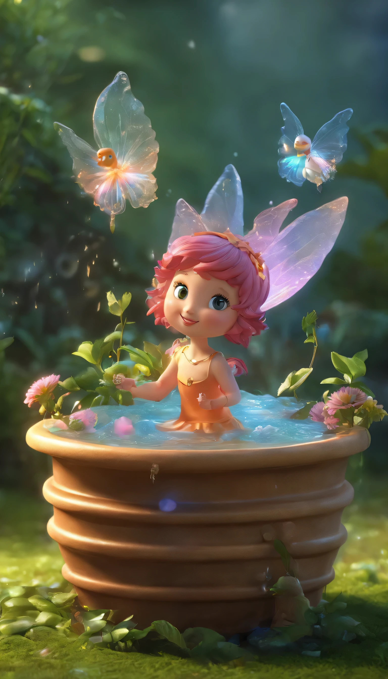 Little fairy character floating in a garden bathtub filled with water, Realistic and cinematic colors --v 5.0 --s 750