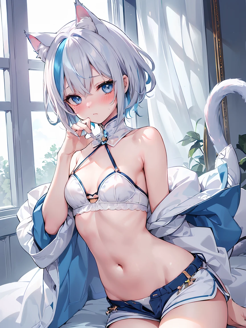 (Best picture quality，highly  detailed，Body and facial contours 1.2）Rainy days，Wear a white bra，White lace erotic panties，Pouting ass，animemanga girl ，Weakness of the body，Slim waist，slender leg，Bedrooms，face to the viewer，spread their legs，Side head，Rub your chest with both hands，Long white ponytail hair，Wear white cat ears,Wear a white sweater that is half off