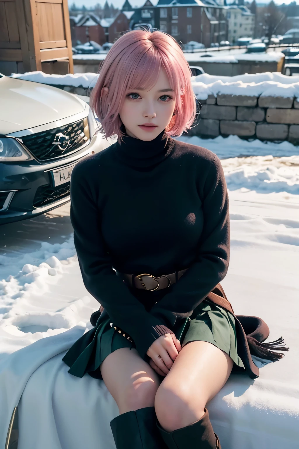 (8K, top-quality, masterpiece:1,2), (reallistic, Photorealsitic:1.37), Super Detail, One girl,), (Highly detailed), (beautifully detailed eyes), (of the highest quality), (super detailed ), (masterpiece), (Detailed face),20yr old, ,1 girl, ((pink hair,Very short hair)), medium breasts, clothed, Perfect Lighting, BREAK (navy blue wool long coat with belt:1.4), (champagne gold silk camisole:1.3), (wine red cashmere sweater with V-neck:1.4), (dark green turtleneck knit skirt with pleats:1.5), (flowing line silhouette with waist mark:1.3), (lace accents and frilled cuffs:1.2), (charcoal gray thick wool socks:1.2), (dark brown leather knee-high boots with heels:1.4), (classic black pearl earrings:1.2), (beige wool scarf:1.2), BREAK ear tucked, bangs above eyebrows, bright and gentle smile, impressed by winter European scenery, sparkling eyes, slightly raised mouth corners, right hand holding coat belt, left hand pinching skirt hem, legs slightly apart, right foot forward, straight posture, confidence and grace, full body shot, looking at camera, winter European cityscape, snow-covered roofs, windows, chimneys, church spires, road with some snow, people and cars passing by, blue sky with white clouds, sunlight hitting face, hair, coat, warmth and brightness, long shadows, coldness, background colors slightly faded, depth of field
