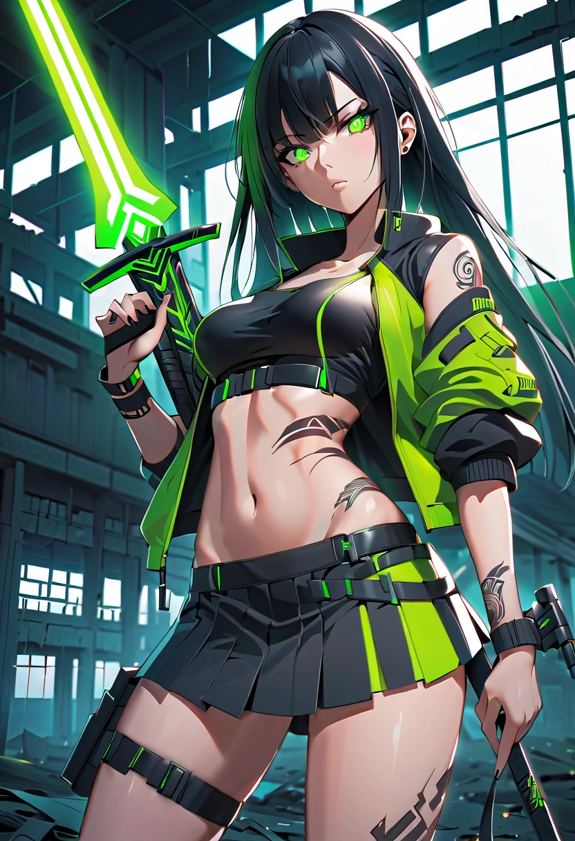 a beautiful girl with long hair, twintails, and a collar, wearing a studded belt, skirt, crop top, shirt, and jewelry, in a liquid ink sumi drawing style with a poison green color scheme and an acid noir neon punk aesthetic, looking at the viewer with a smile, highly detailed, photo-realistic, 3D unreal render, VFX, HDR, UHD