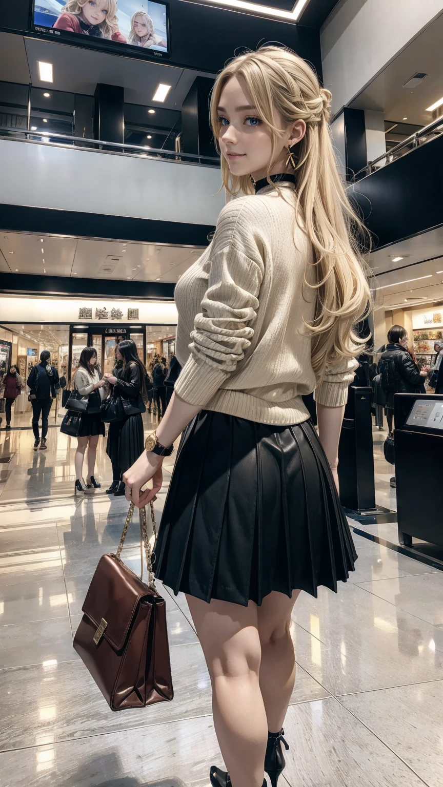 highest quality、masterpiece、ultra high resolution、22 year old white female、hair color is blonde、medium long hair、my hair is wavy、Eye color is blue、setting hair、accessories on wrist、wearing manicure、I'm wearing a choker、I'm wearing earrings、skin is smooth、Slender but muscular body、My heart is pounding、high resolution、wearing a high neck sweater、I'm wearing a mini-length pleated skirt、I have a clutch bag、wearing high heels、Riding an escalator in the atrium of a shopping center、look back、smile
