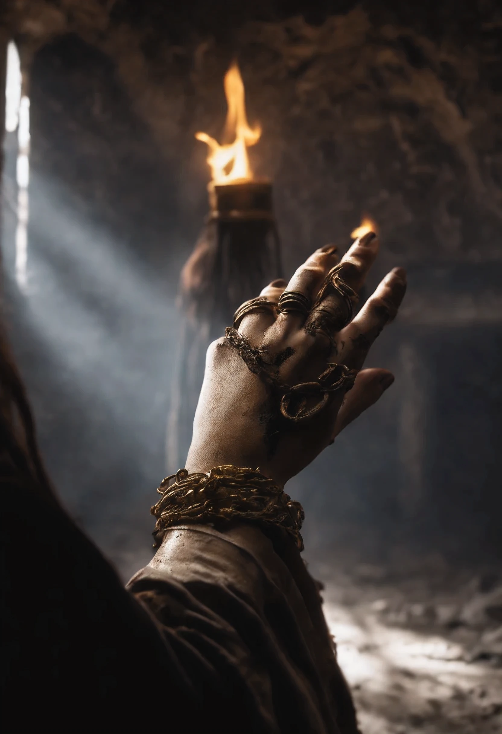 pov, on her hand (the woman's hand is covered with dirt and scratches, a gold bracelet hangs on her wrist), the hand holds a burning wooden homemade torch, the torch burns and casts light on the walls of an ominous dungeon, twilight, dungeon, bones of people and animals on the floor. floor, water glistens on the walls, fog swirls in the distance, horror movie style, 8k rendering, HDR,shadows on the walls,