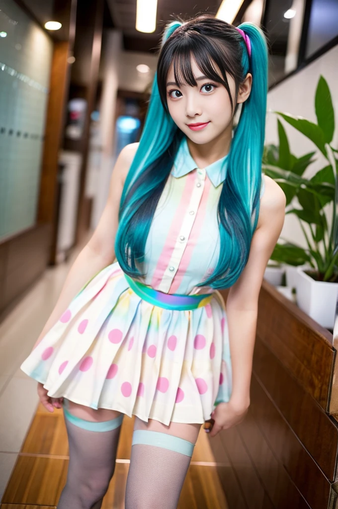 cute rainbow colored hair, idol sculpture, With iridescent hair, ribbon in her hair, idol face、26 year old female, Happy, With twin tails, Perfect symmetrical eyes,green eyes、 clear shining blue eyes, white skin, Silky smooth skin, stand on something flashy, luxury spaceship, big futuristic hallway, Control panel, wood trim, Decorative plants, warm lighting, wearing a futuristic party dress, pleats (shirt) mini dress (Pastel rainbow colors, and polka dots), wearing pantyhose all over, Cute short boots、swimsuit、random pose、random sexy pose