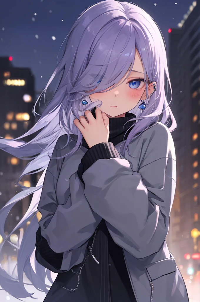 ((masterpiece:1.4, best quality:1.2)), 1girl, solo focus, beautiful skin, blush, grey sweatshirt, long Violet hair, blue eyes, earrings, Hands piercing, night, snowing, cityscape, tall female, beautiful and delicate female, comfy ambience, {detailed background}, hair over one eye, shy, sexy start to undress, naughty mood, she loves you, lost virgin, virgin